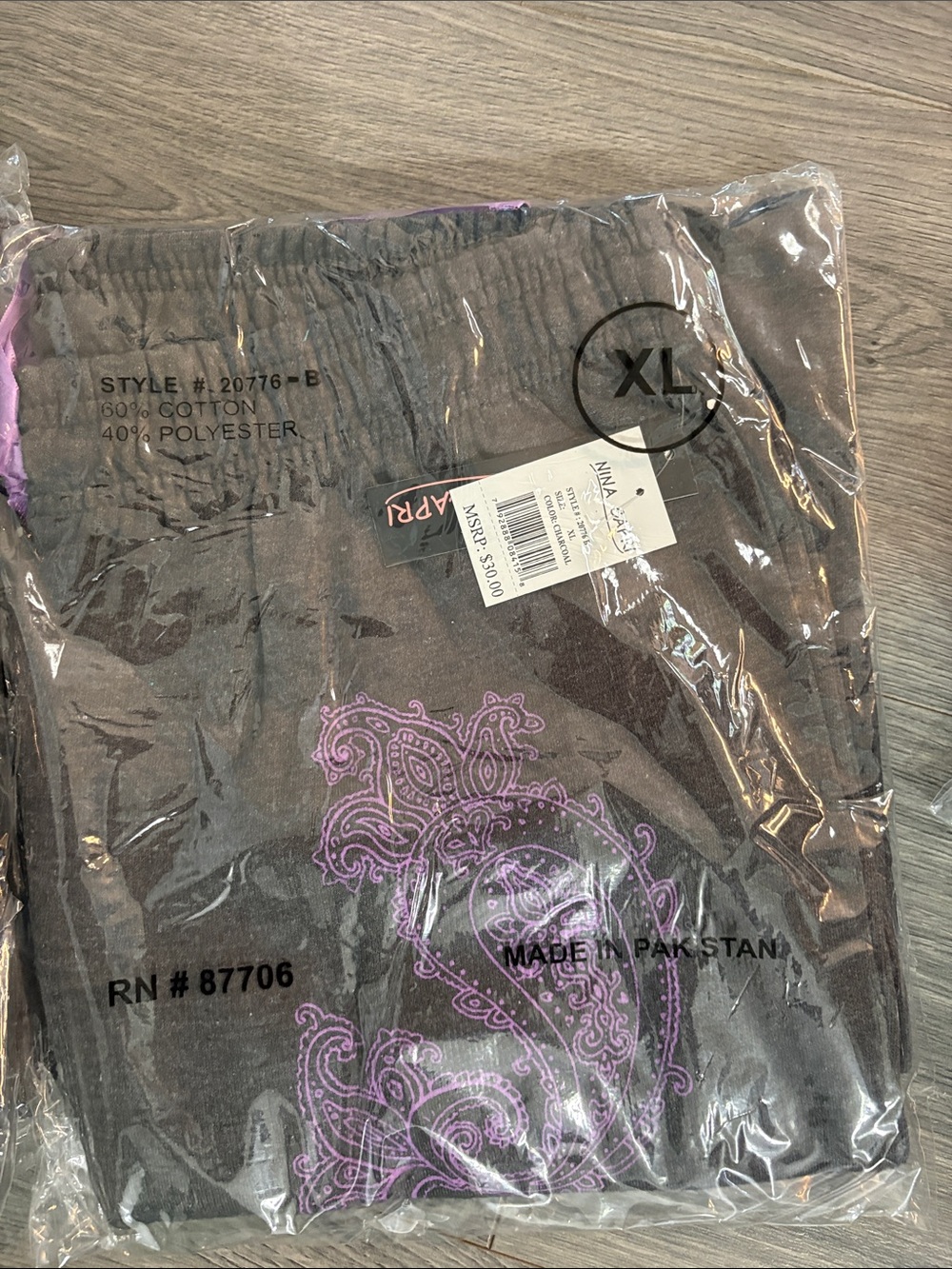 Nina Capri Dark Gray Joggers with Purple Paisley Accent - Picture 8 of 9